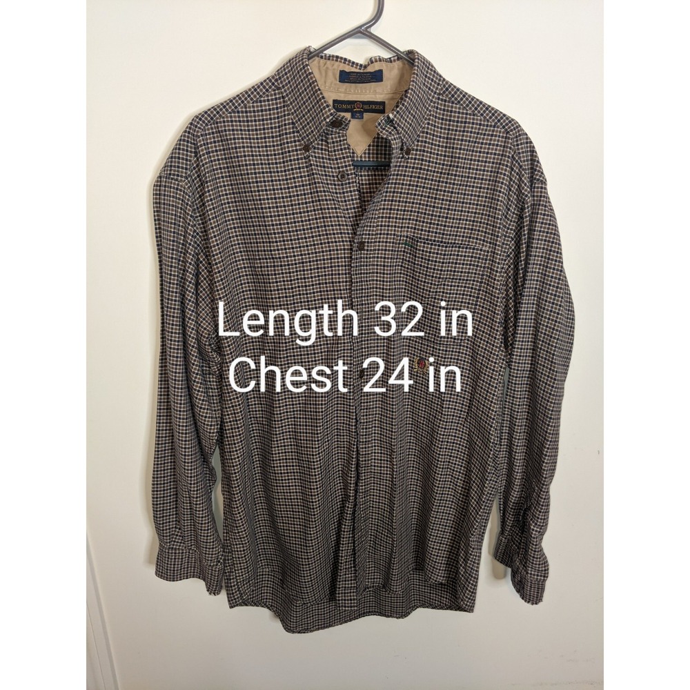 Tommy Hilfiger Shirt Men's Medium Button Front Plaid 100% Cotton Dress Shirt